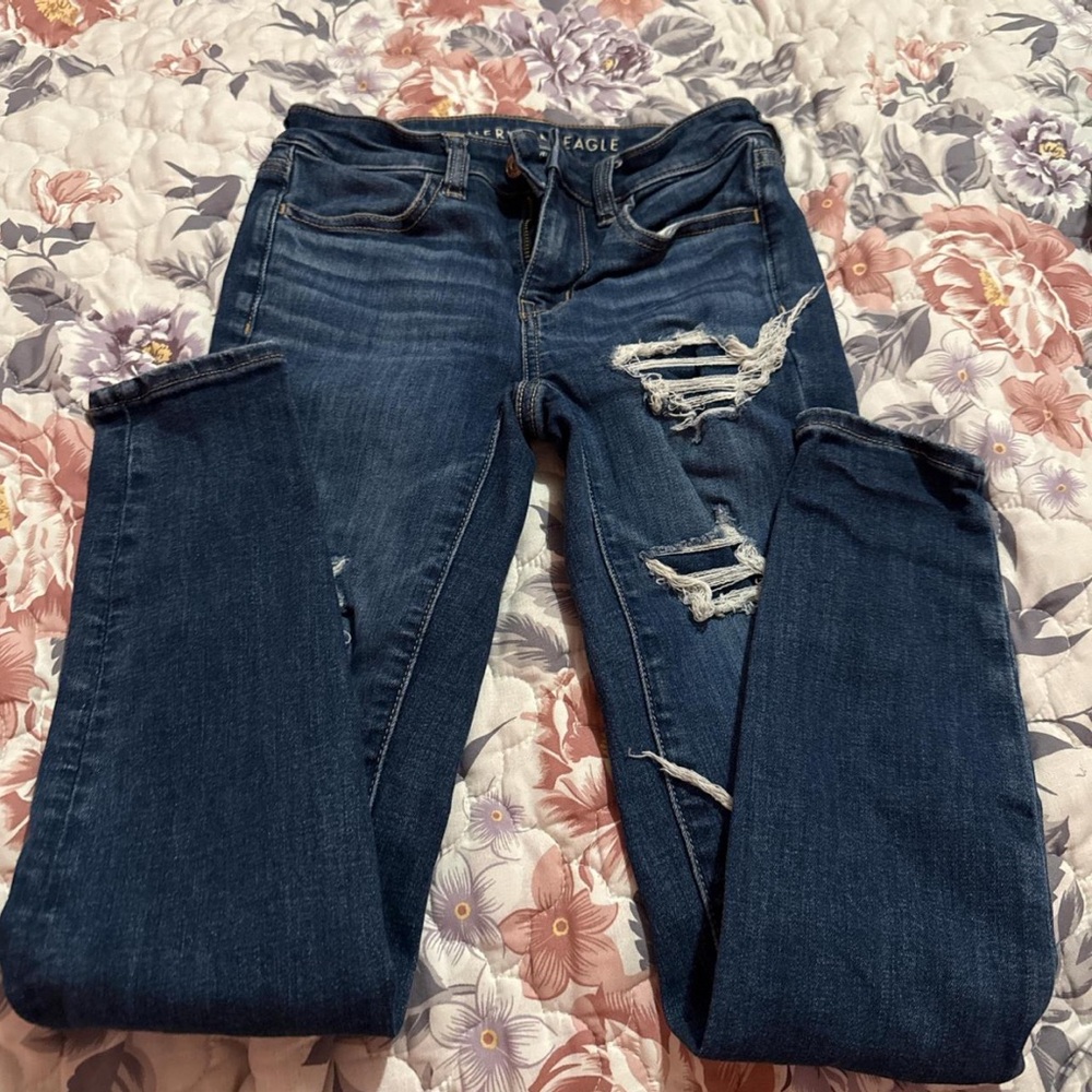 American Eagle Outfitters Blue Skinny Jeans with Distressed Details